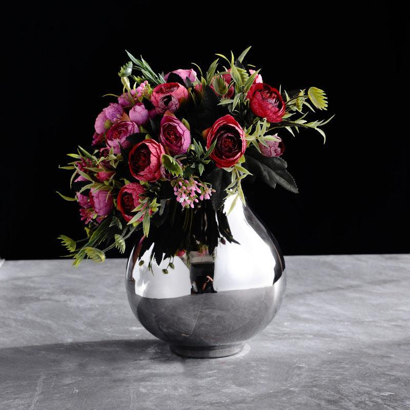 Living Room Home Silver Pot-shaped Ceramic Vase Flower Model Room Ornament Soft Decoration - Pacisia