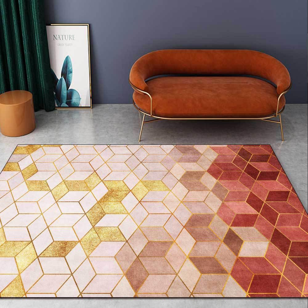 Cross-border modern geometric diamond Plaid light luxury girl Gold Pink living room bedroom bedside carpet floor mat customization - Pacisia