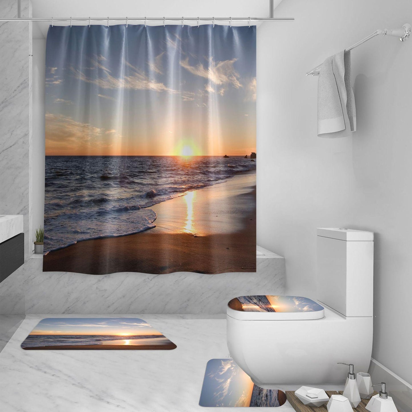 Shower Curtain Set 3D Sea View Beach Digital Printing Shower Curtain Waterproof Polyester - Pacisia