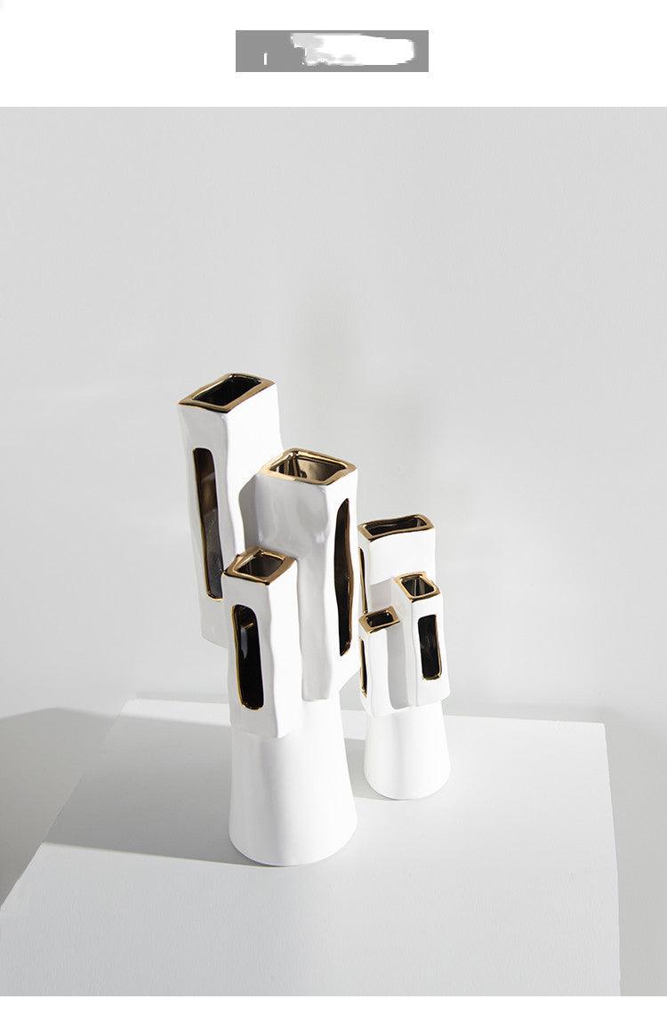 Special-Shaped Long Hole Gilded Vase Ceramic Simple Home Living Room Model Room Hotel Jewelry Decoration - Pacisia