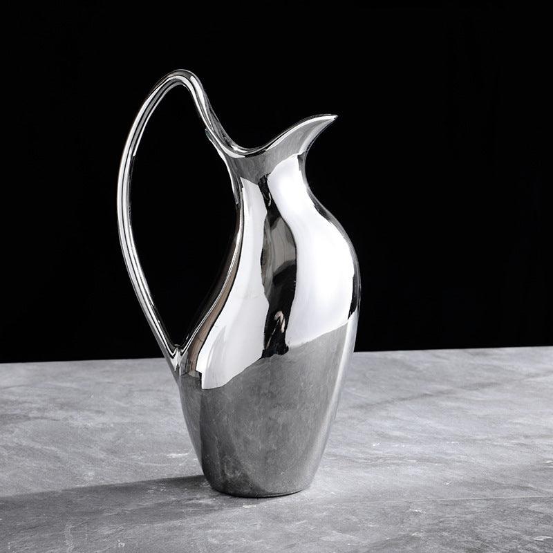Living Room Home Silver Pot-shaped Ceramic Vase Flower Model Room Ornament Soft Decoration - Pacisia