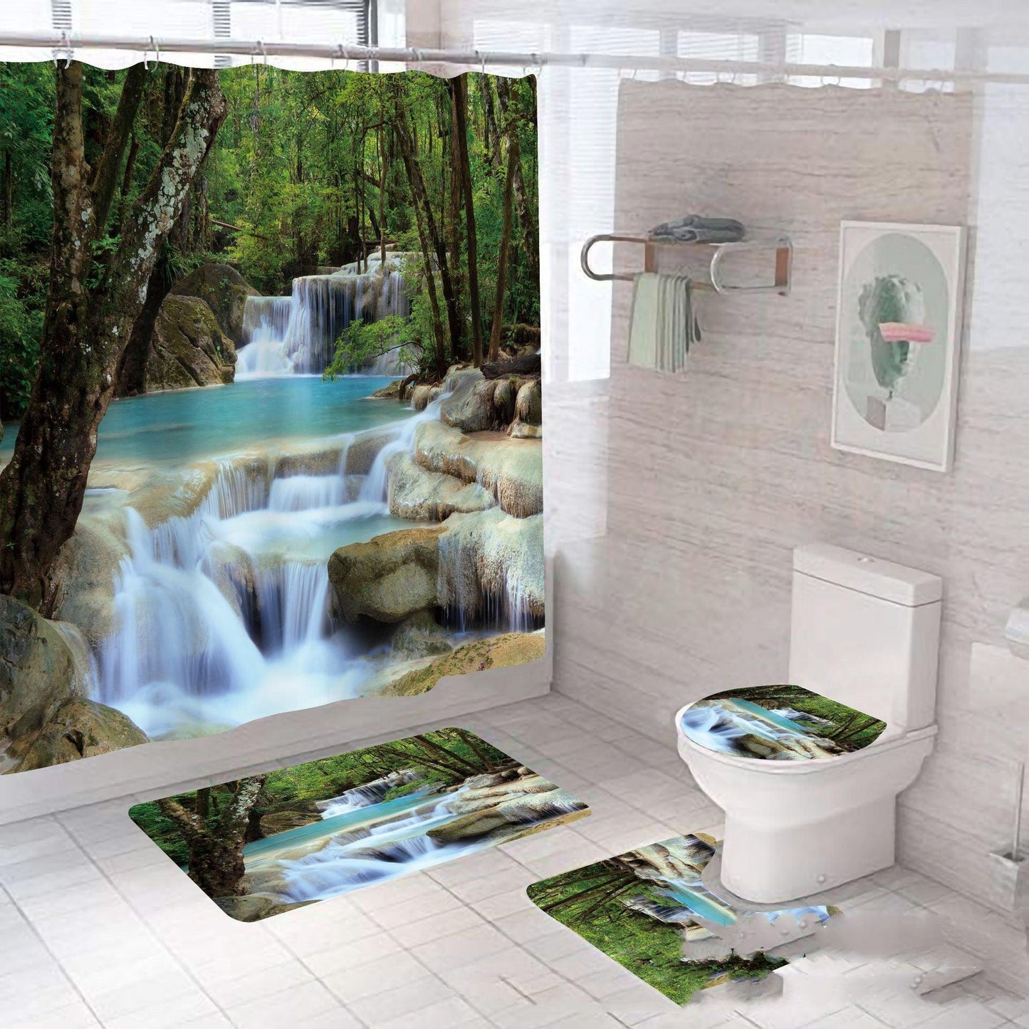 4pcs Bathroom Set Shower Curtain Waterfall Non slip - Pacisia