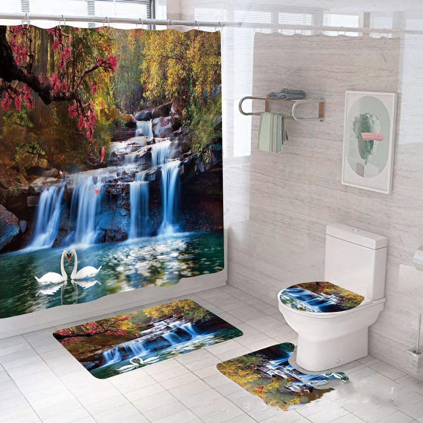 4pcs Bathroom Set Shower Curtain Waterfall Non slip - Pacisia