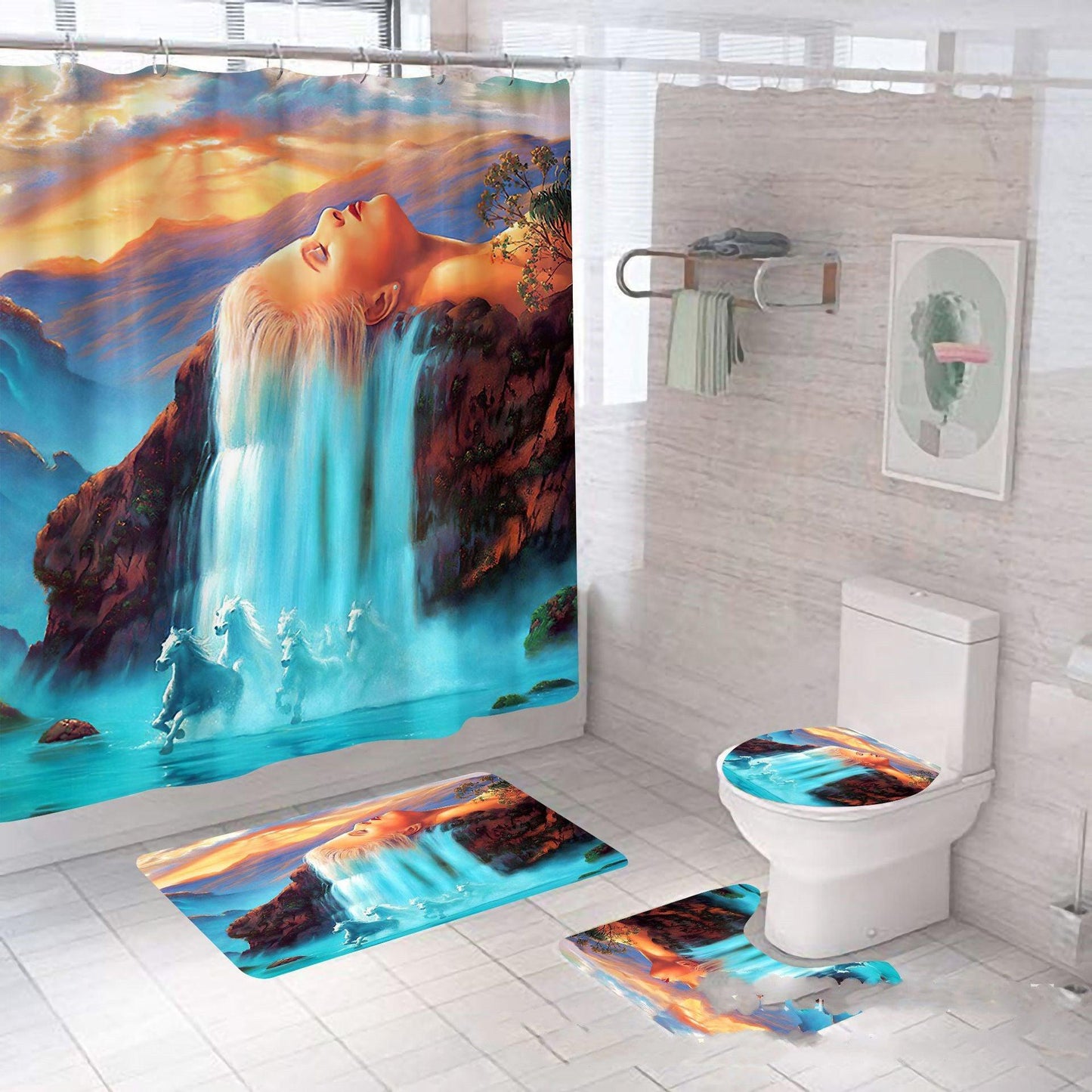 4pcs Bathroom Set Shower Curtain Waterfall Non slip - Pacisia