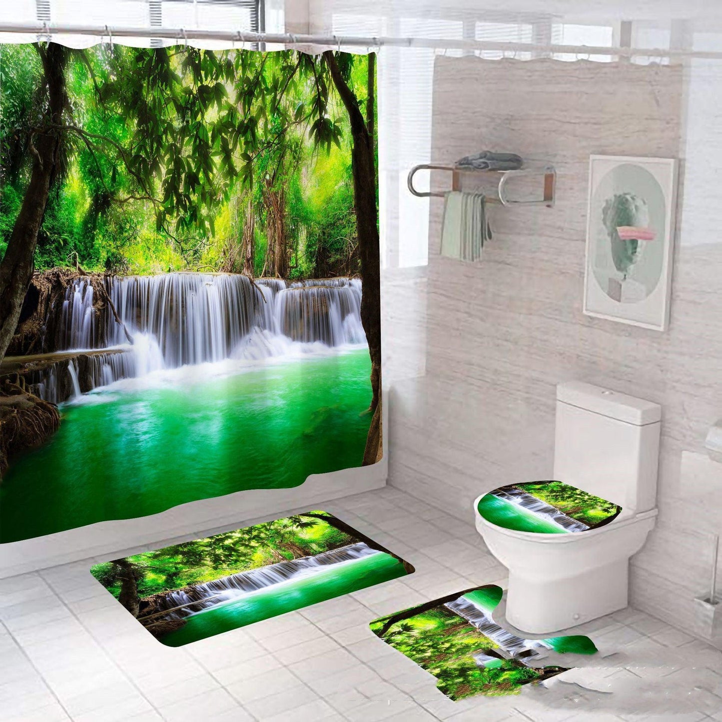 4pcs Bathroom Set Shower Curtain Waterfall Non slip - Pacisia