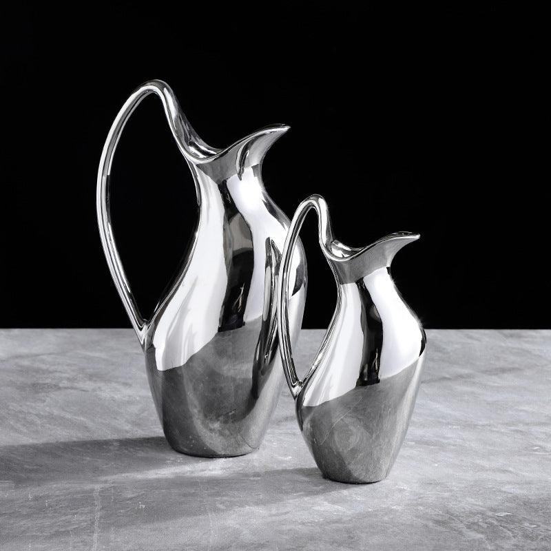 Living Room Home Silver Pot-shaped Ceramic Vase Flower Model Room Ornament Soft Decoration - Pacisia