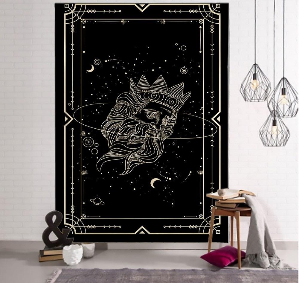 Witchcraft Tarot Tapestry Wall Hanging Black Khaki Sun Moon Star Universe Geometric Pattern Dorm Home - Pacisia