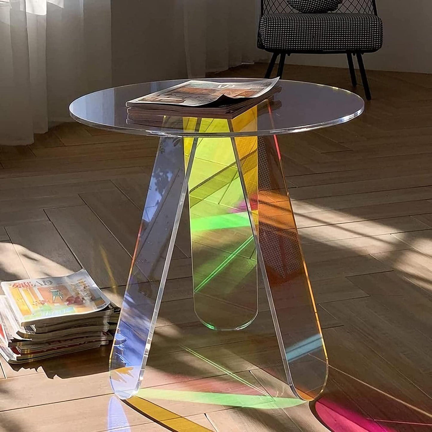 Acrylic Rainbow Color Coffee Table, Iridescent Glass End Table Round Side Table Modern Accent TV Table for Living Bed Room Decoration,small,Amazon Banned - Pacisia