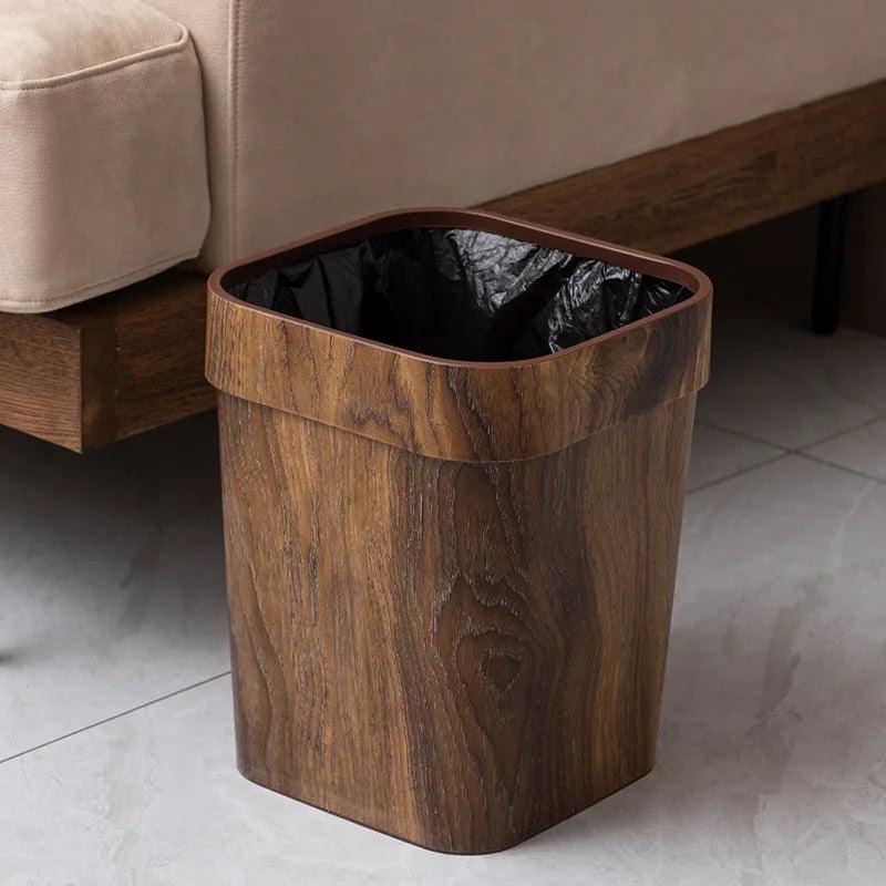 Square Wood Grain Garbage Bin Household Plastic Uncovered Office Bathroom Livingroom Kitchen 12L Dustbin Waste Basket Trash Can - Pacisia
