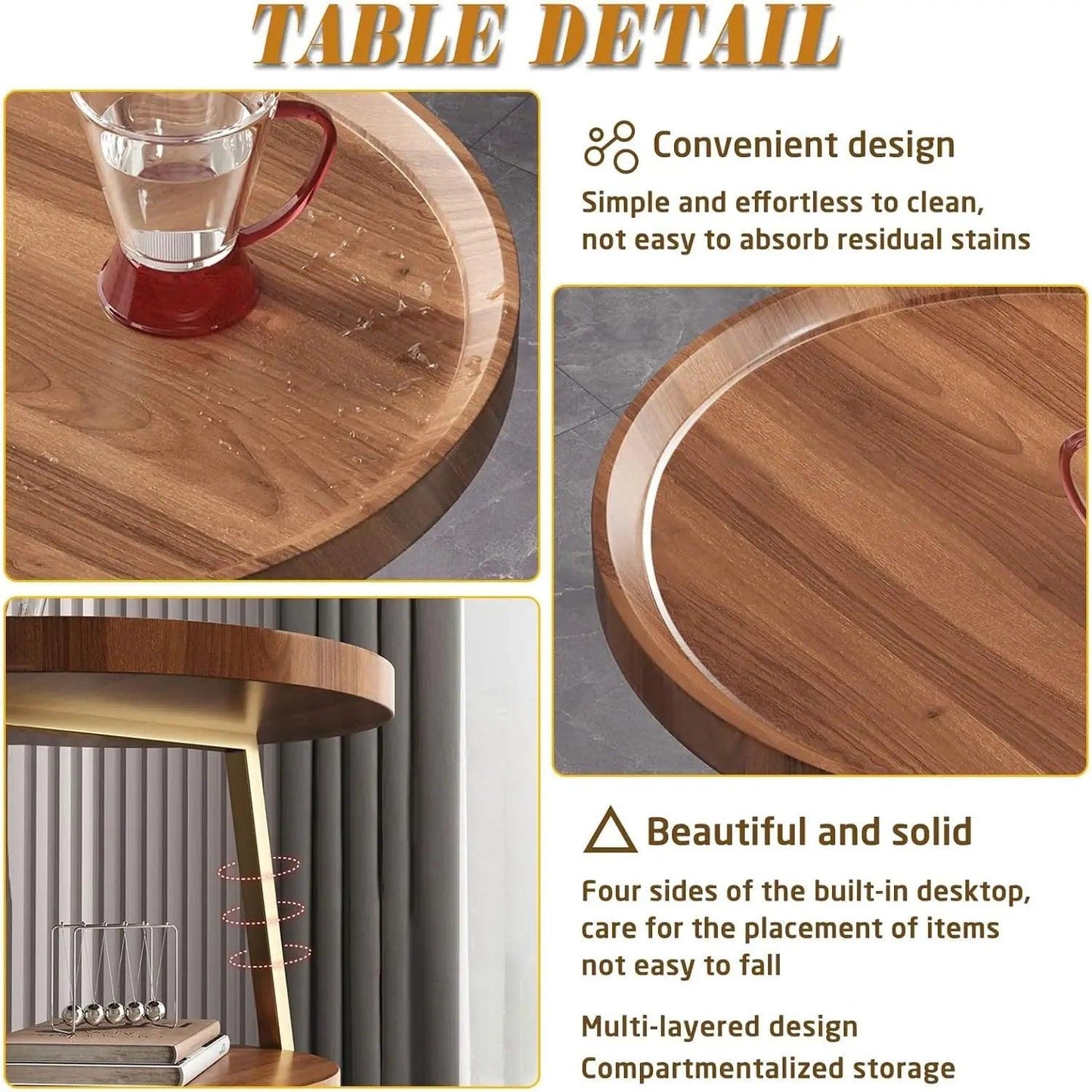 Nordic Three-layer Solid Wood Coffee Table Living Room Light Luxury Sofa Small Side Table Round Desktop Storage Removable Metal - Pacisia