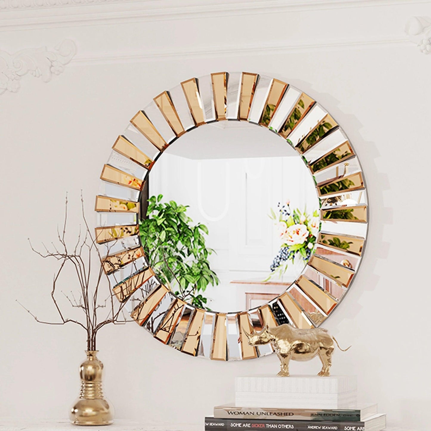 Decorative Mirrors Round Sunburst Wall Mirror Beveled Edge Glass Bathroom Vanity Mirror Hanging Accent Mirrors for Living Room - Pacisia