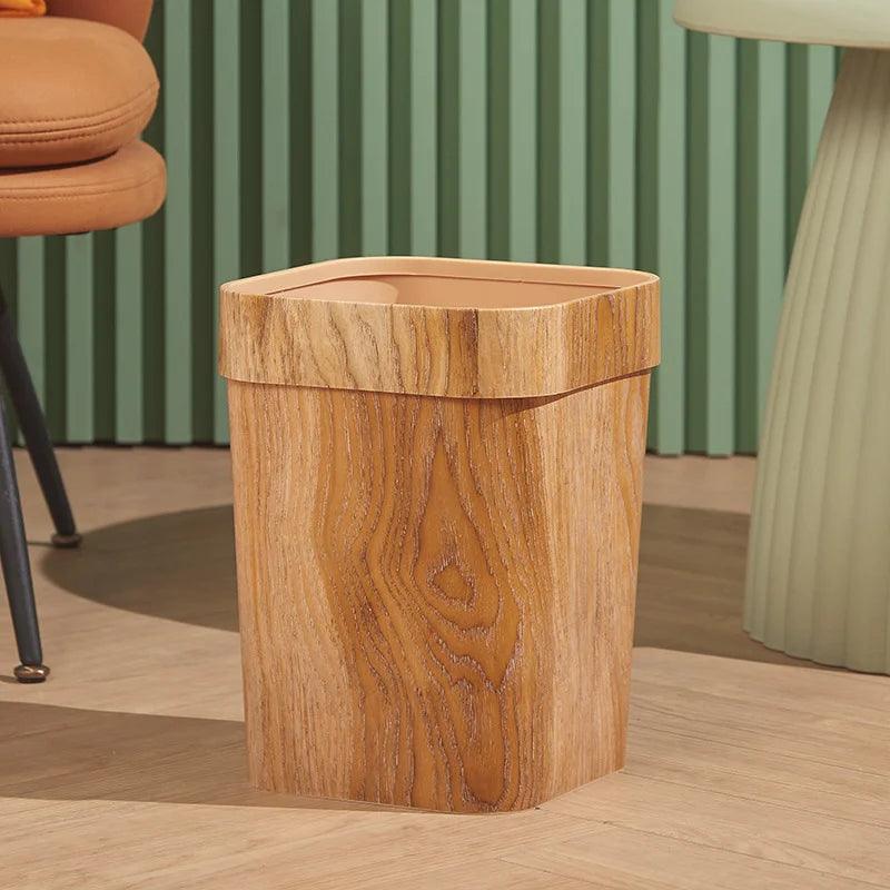 Square Wood Grain Garbage Bin Household Plastic Uncovered Office Bathroom Livingroom Kitchen 12L Dustbin Waste Basket Trash Can - Pacisia