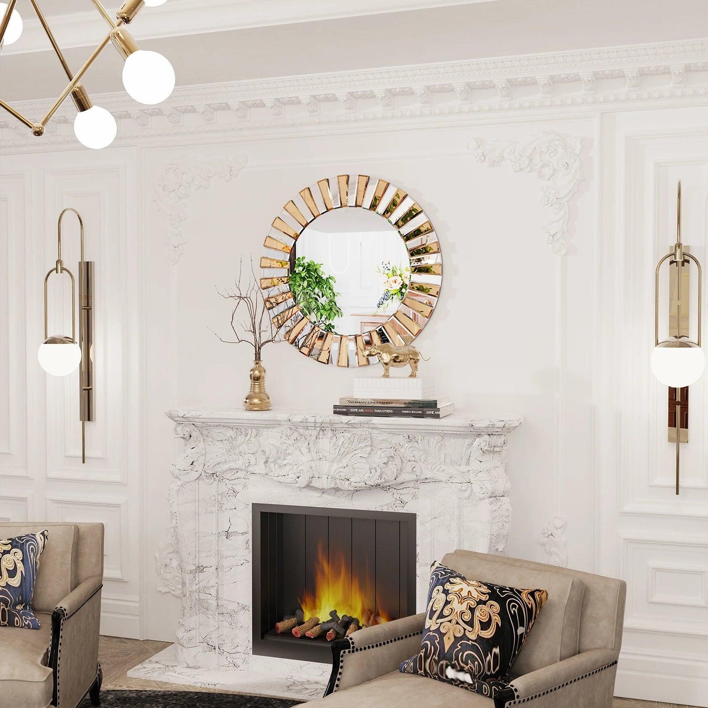 Decorative Mirrors Round Sunburst Wall Mirror Beveled Edge Glass Bathroom Vanity Mirror Hanging Accent Mirrors for Living Room - Pacisia