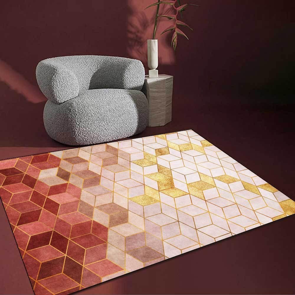Cross-border modern geometric diamond Plaid light luxury girl Gold Pink living room bedroom bedside carpet floor mat customization - Pacisia