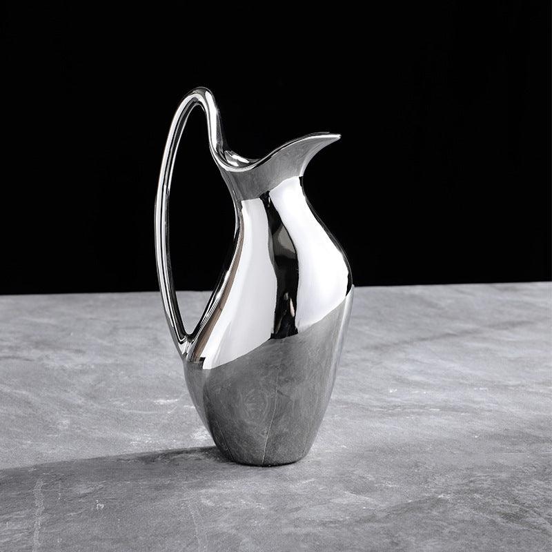 Living Room Home Silver Pot-shaped Ceramic Vase Flower Model Room Ornament Soft Decoration - Pacisia