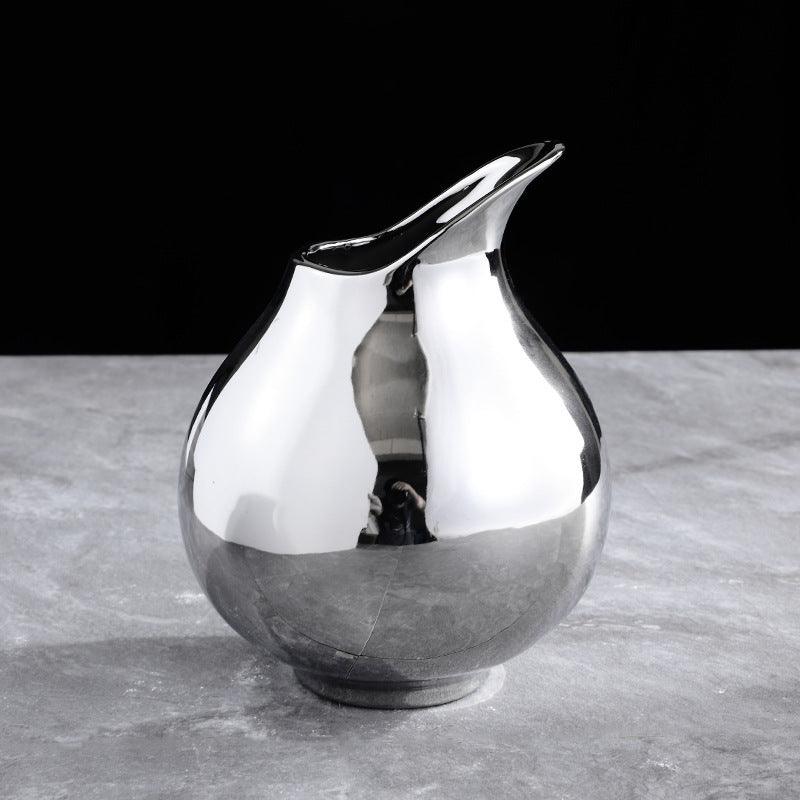 Living Room Home Silver Pot-shaped Ceramic Vase Flower Model Room Ornament Soft Decoration - Pacisia