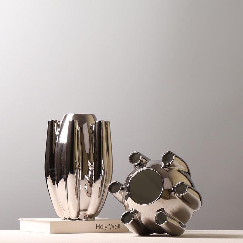 European-style Electroplated Ceramic Vase With Silver Flower - Pacisia