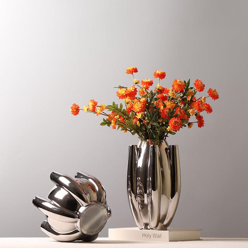 European-style Electroplated Ceramic Vase With Silver Flower - Pacisia