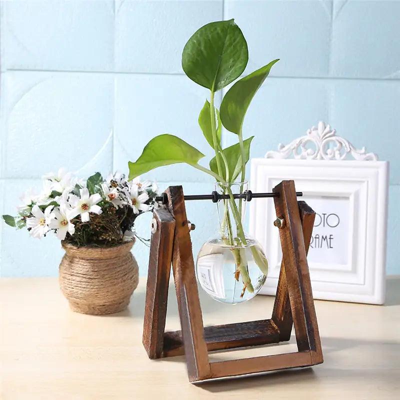 Glass and Wood Vase Planter Table Desktop - Pacisia