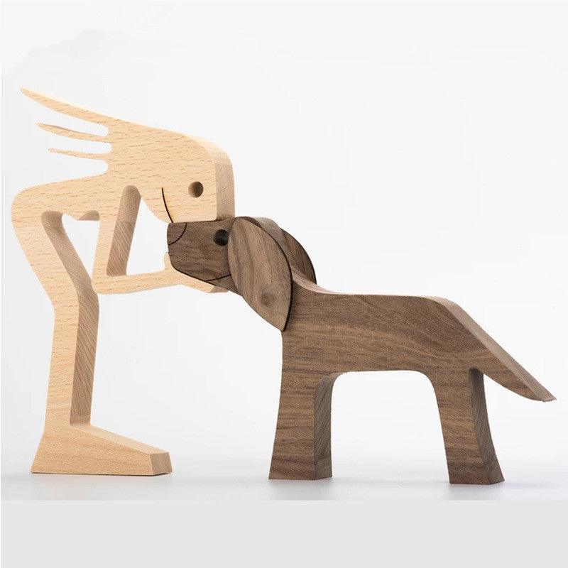 DIY Figurine Wood Dog Ornament Sculpture Home Decoration A Man A Dog Wood Sculpture Christmas Gifts Model Decor - Pacisia