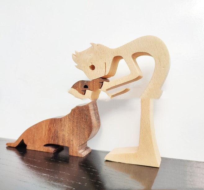 DIY Figurine Wood Dog Ornament Sculpture Home Decoration A Man A Dog Wood Sculpture Christmas Gifts Model Decor - Pacisia