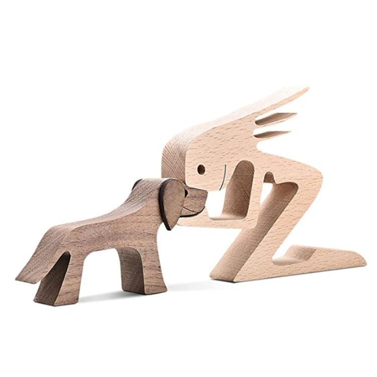 DIY Figurine Wood Dog Ornament Sculpture Home Decoration A Man A Dog Wood Sculpture Christmas Gifts Model Decor - Pacisia