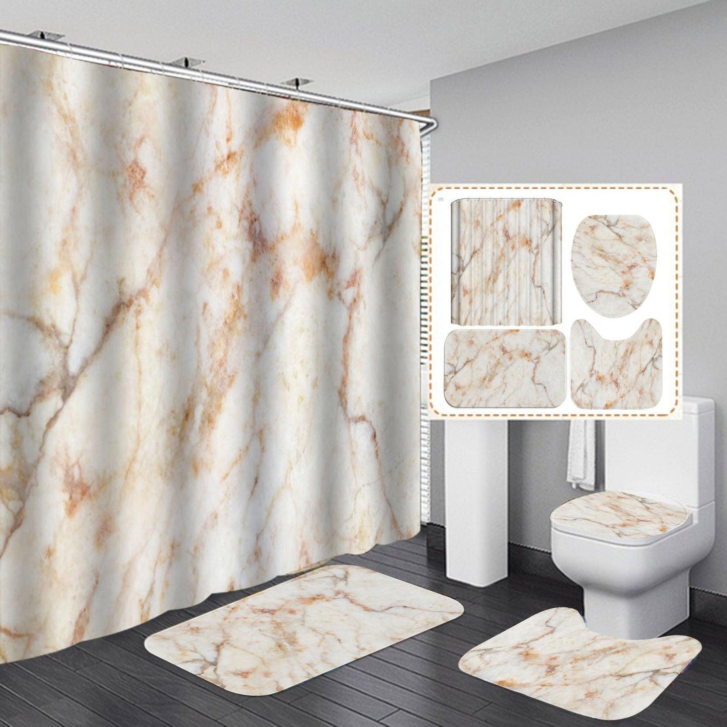 Marble Texture, Printed Polyester, Waterproof Shower Curtain Set - Pacisia