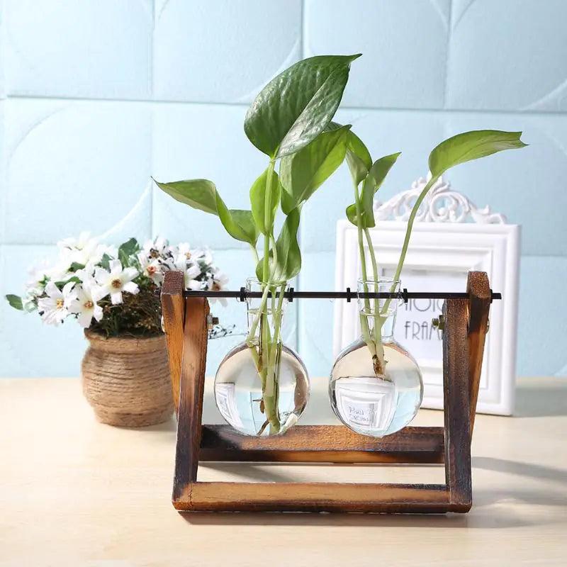 Glass and Wood Vase Planter Table Desktop - Pacisia