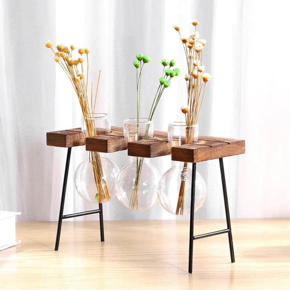 Glass and Wood Vase Planter Table Desktop - Pacisia