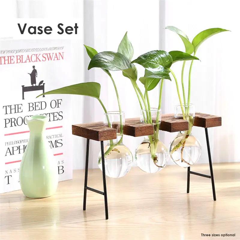 Glass and Wood Vase Planter Table Desktop - Pacisia