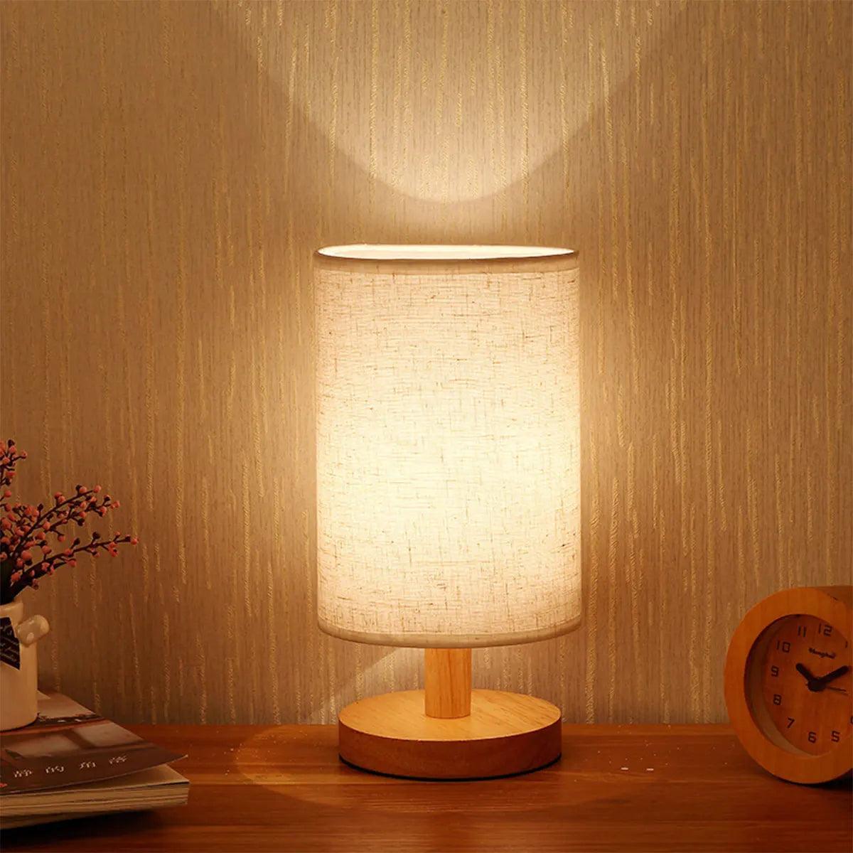 USB Bedside Lamp Night Lights Table Lamp For Bedroom Wooden Desk Lamp Bedside Night Light with Cylinder Lamp Shade Home Decor - Pacisia