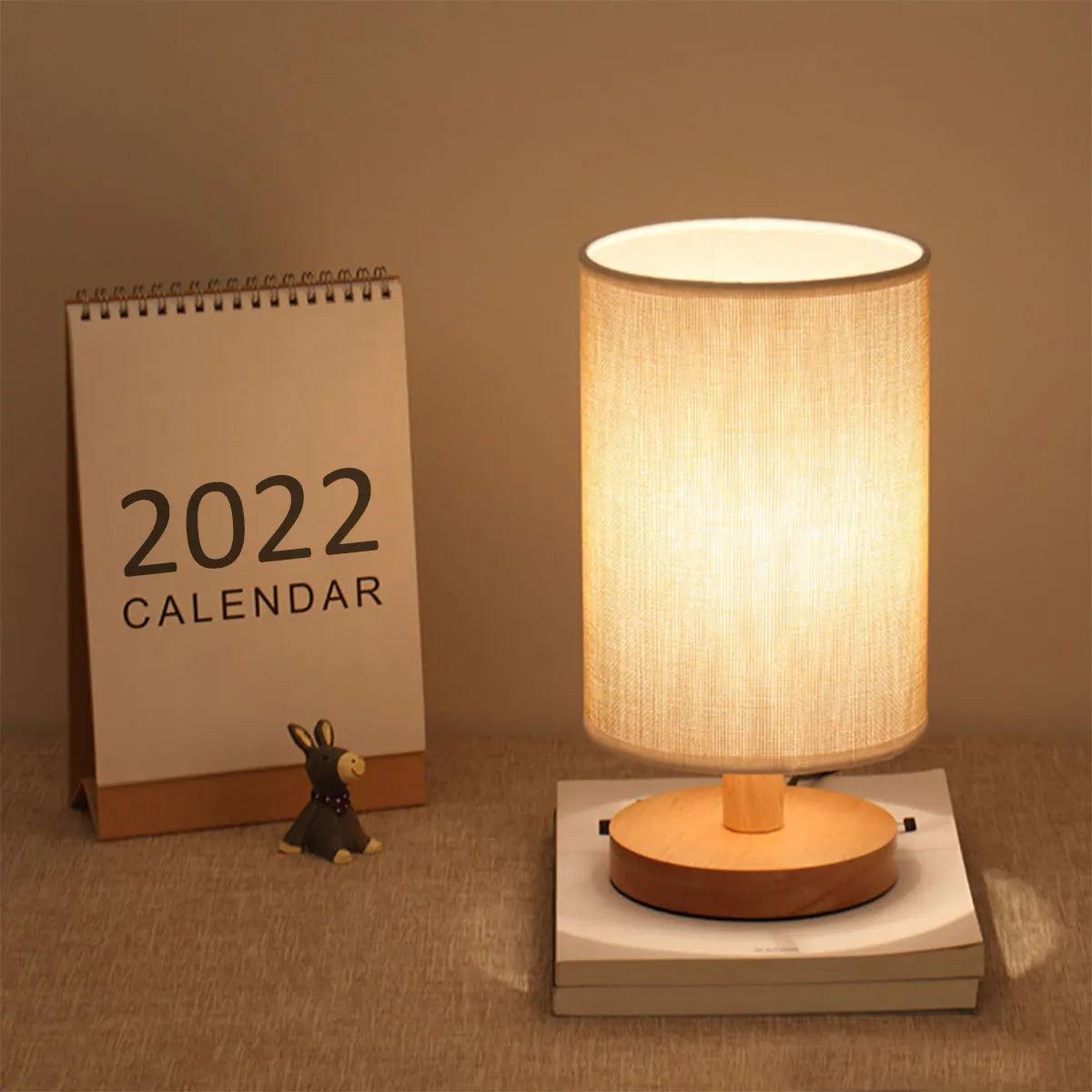 USB Bedside Lamp Night Lights Table Lamp For Bedroom Wooden Desk Lamp Bedside Night Light with Cylinder Lamp Shade Home Decor - Pacisia