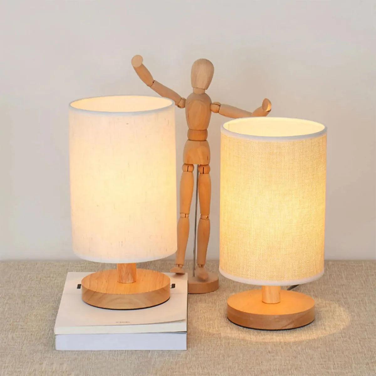 USB Bedside Lamp Night Lights Table Lamp For Bedroom Wooden Desk Lamp Bedside Night Light with Cylinder Lamp Shade Home Decor - Pacisia