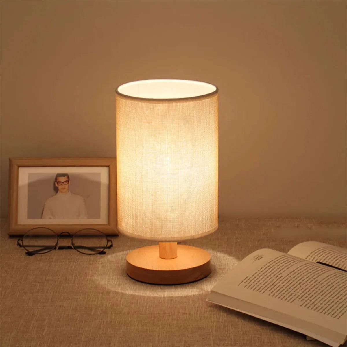 USB Bedside Lamp Night Lights Table Lamp For Bedroom Wooden Desk Lamp Bedside Night Light with Cylinder Lamp Shade Home Decor - Pacisia