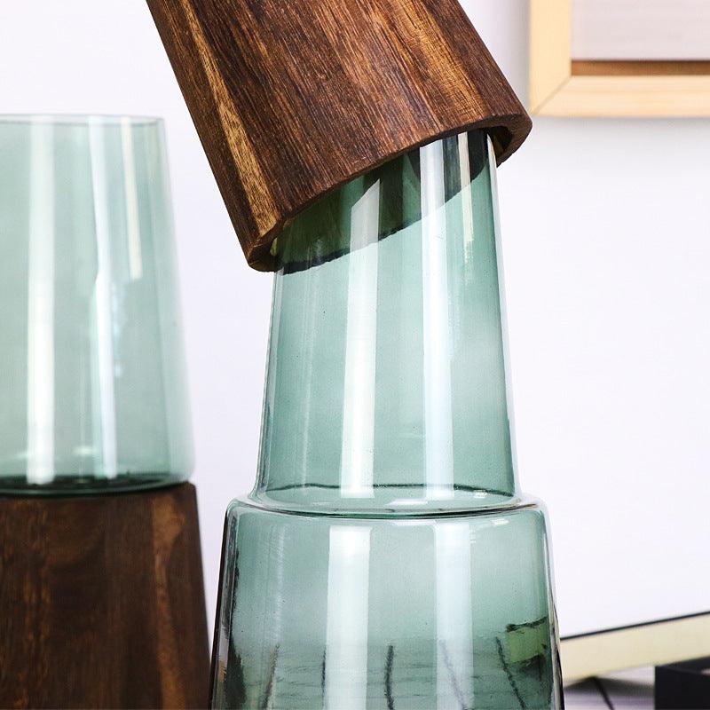 Wooden Barrel Transparent Glass Vase Living Room Dried Flowers Flower Arrangement Decoration Desktop Floral Ornaments - Pacisia