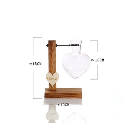 Love Heart Shape Clear Glass Hydroponic Flower Vase Terrarium Wooden Stand Holder Decoratio Glass Tabletop Plant Flower Vase - Pacisia