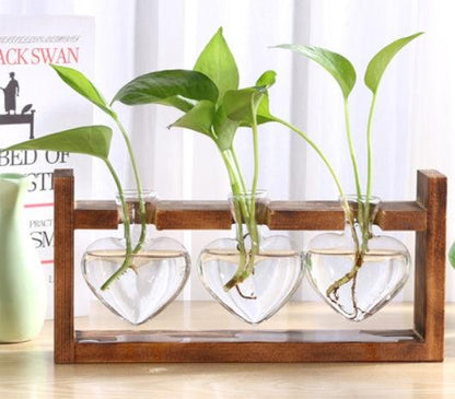 Glass Wood Vase Table Desktop Hydroponics Plant Stationery Bonsai Flower Pot Decoration Hanging Pots with Wooden Tray Pen Holder - Pacisia