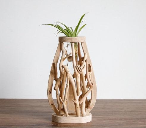 Pure Handwork Wooden Vase Decorated Solid Wood Flower Pot For Creative Glass Floral Hydroponic Container Home Decorative Vase - Pacisia