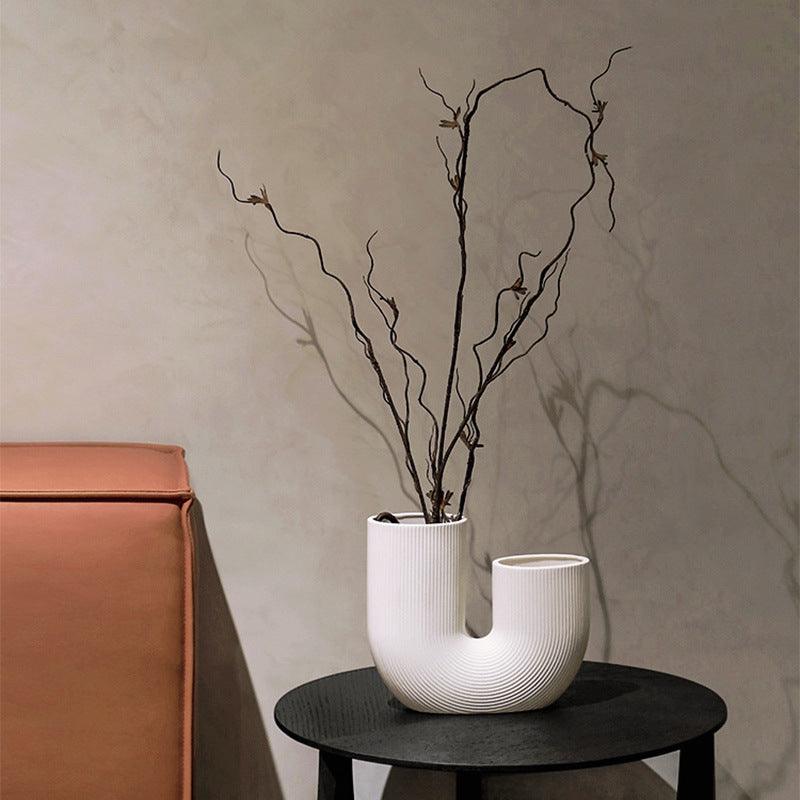 Modern And Simple U-Shaped Geometric Striped Ceramic Vase Ornaments Dry Flower Arranging Device Home Desktop Soft Decoration - Pacisia