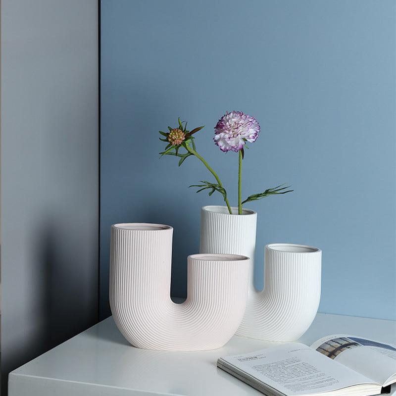 Modern And Simple U-Shaped Geometric Striped Ceramic Vase Ornaments Dry Flower Arranging Device Home Desktop Soft Decoration - Pacisia