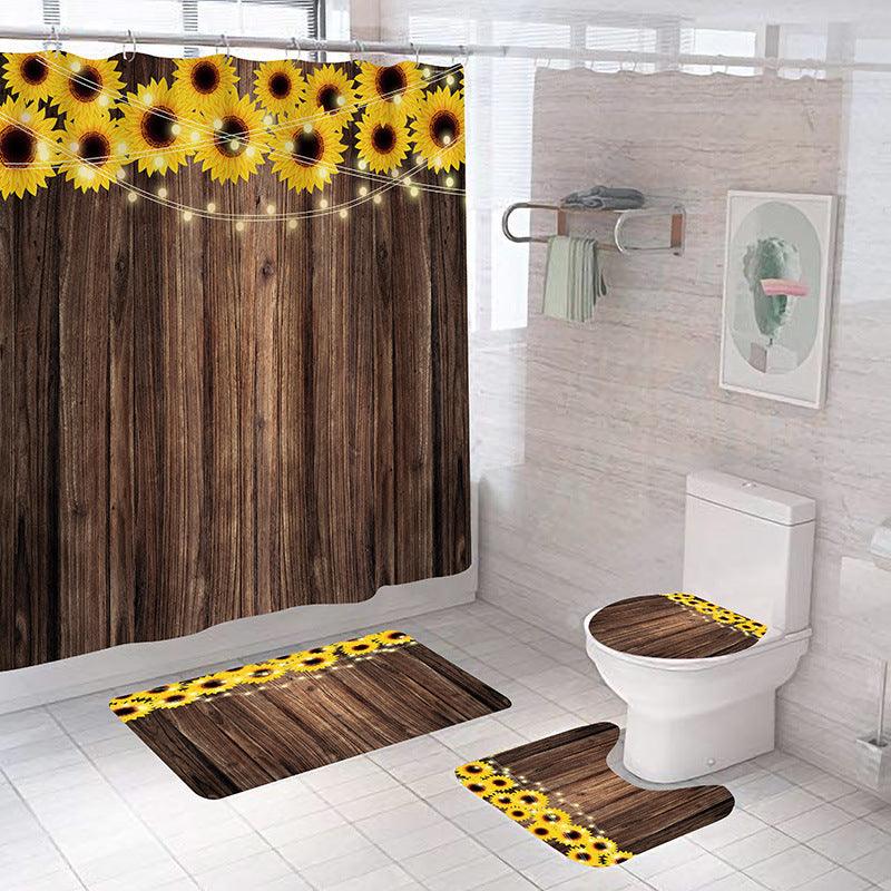 Polyester Printing Sunflower Shower Curtain Bathroom Waterproof Shower Curtain Non-slip Mat Floor Mat Four-piece Set - Pacisia