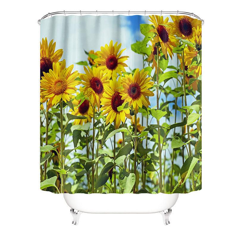 Polyester Printing Sunflower Shower Curtain Bathroom Waterproof Shower Curtain Non-slip Mat Floor Mat Four-piece Set - Pacisia