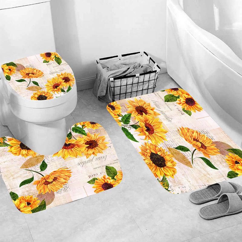 Polyester Printing Sunflower Shower Curtain Bathroom Waterproof Shower Curtain Non-slip Mat Floor Mat Four-piece Set - Pacisia