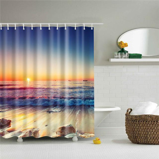 Shower Curtain Set 3D Sea View Beach Digital Printing Shower Curtain Waterproof Polyester - Pacisia