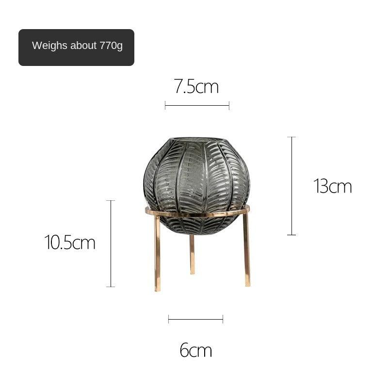 Nordic Leaf Pattern Ball Metal Frame Transparent Glass Vase High Grade European Flower Art Hydroponic Flower Arrangement Decoration - Pacisia