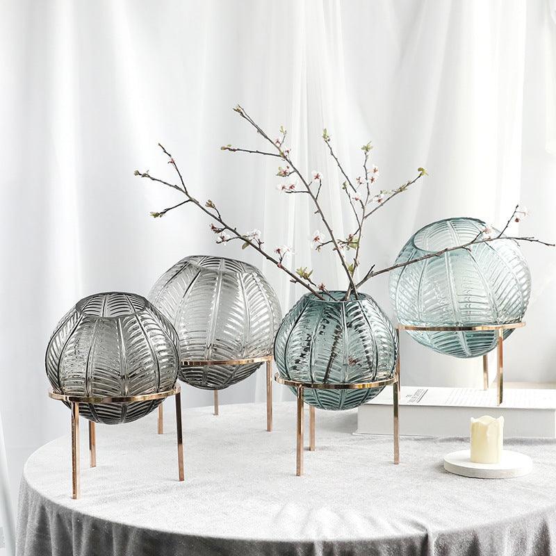 Nordic Leaf Pattern Ball Metal Frame Transparent Glass Vase High Grade European Flower Art Hydroponic Flower Arrangement Decoration - Pacisia