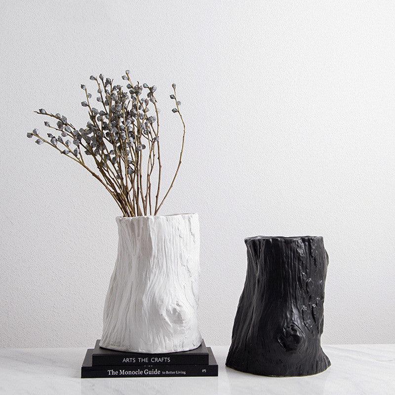 Nordic Simple Black And White Ceramic Creative Stump Vase Fashion Home Villa Model Room Soft Decoration Handicraft Flower - Pacisia