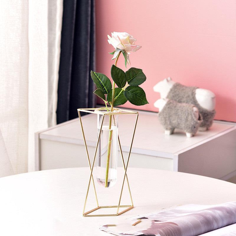 Nordic ins Geometric Vase Light Luxury Metal Iron Decoration Living Room Flower Arrangement Creative Home Glass Flower Stand Decoration - Pacisia