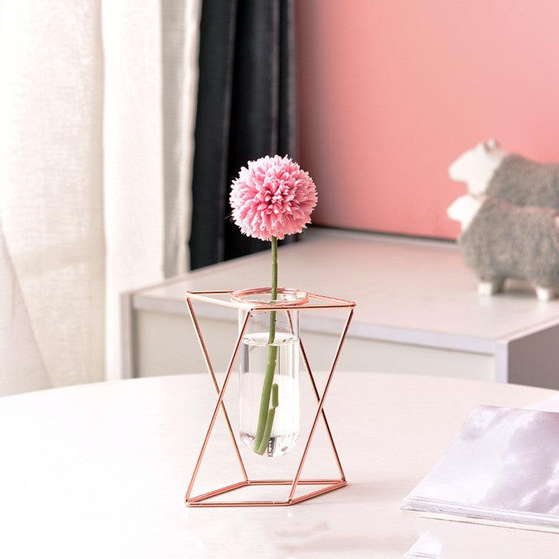 Nordic ins Geometric Vase Light Luxury Metal Iron Decoration Living Room Flower Arrangement Creative Home Glass Flower Stand Decoration - Pacisia