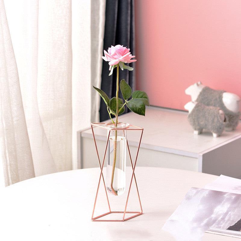 Nordic ins Geometric Vase Light Luxury Metal Iron Decoration Living Room Flower Arrangement Creative Home Glass Flower Stand Decoration - Pacisia